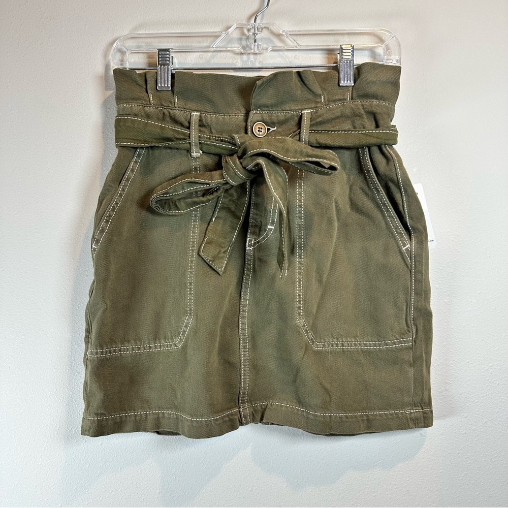 Free People Army Olive Green Paperbag Waist Belt Tie Boho Mini Skirt Pockets - Picture 2 of 11